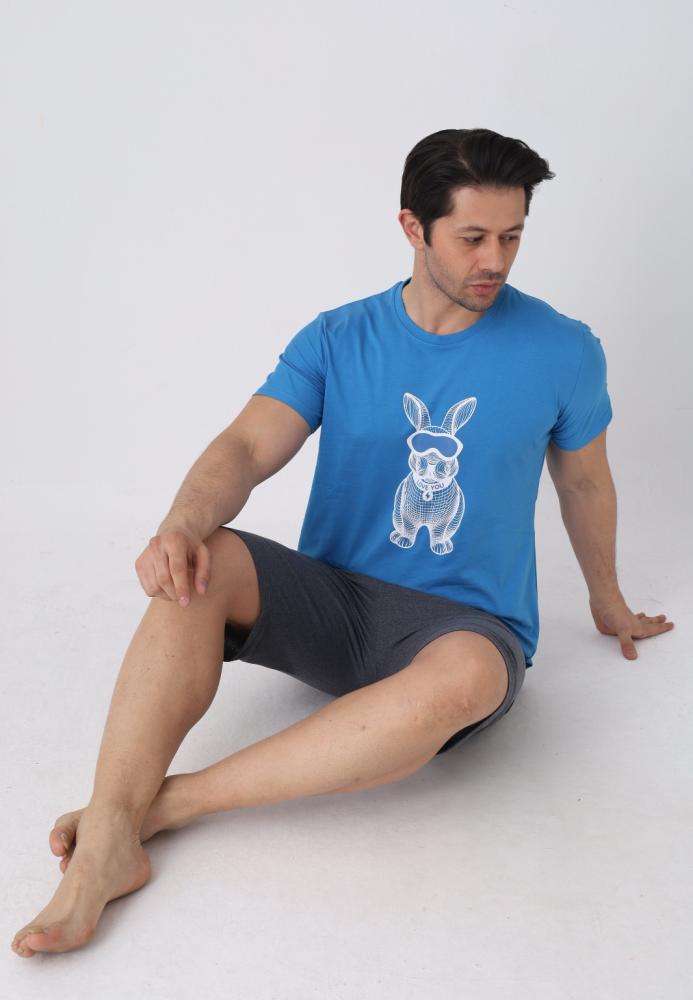 Pijama barbat cu maneca scurta si pantaloni 3/4, culoare albastru, Engros